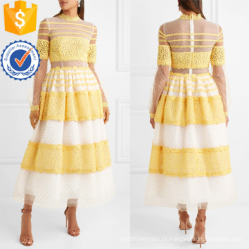 Lace Tulle Branco E Amarelo Long Sleeve Maxi Vestido De Verão Fabricação Atacado Moda Feminina Vestuário (TA0299D)